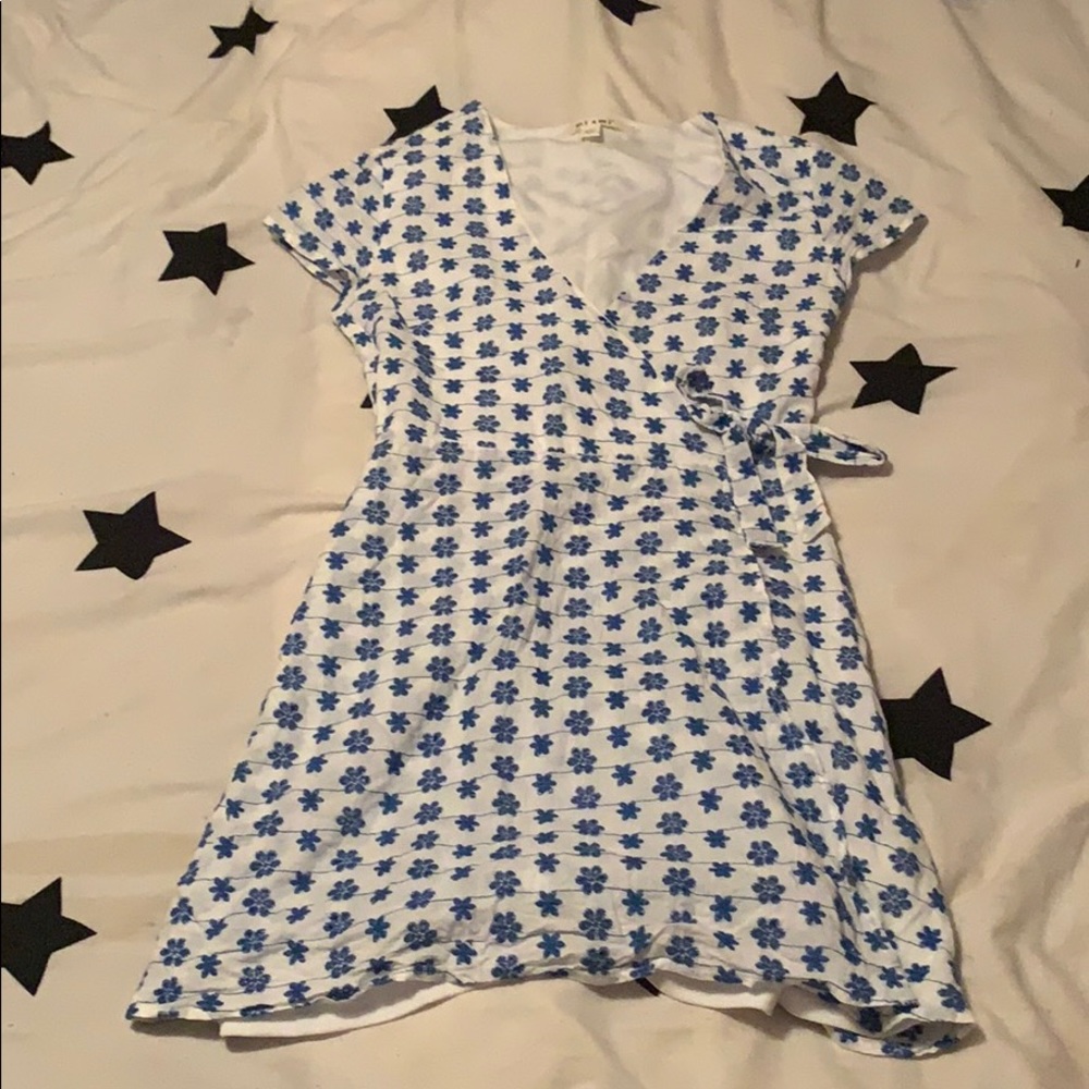 white dress with blue flowers